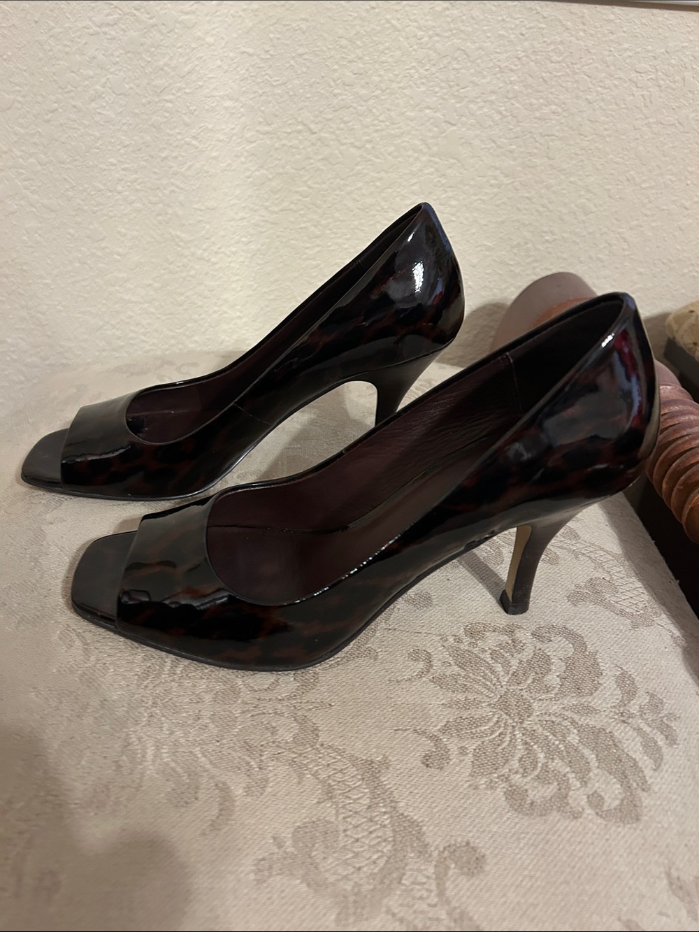 Harold's Patent Peep-Toe Heels in Dark Tortoiseshell